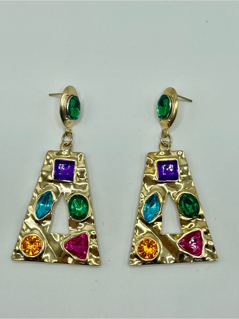 Gold Tone Multicolor Faux Gemstone Geometric Drop Earrings